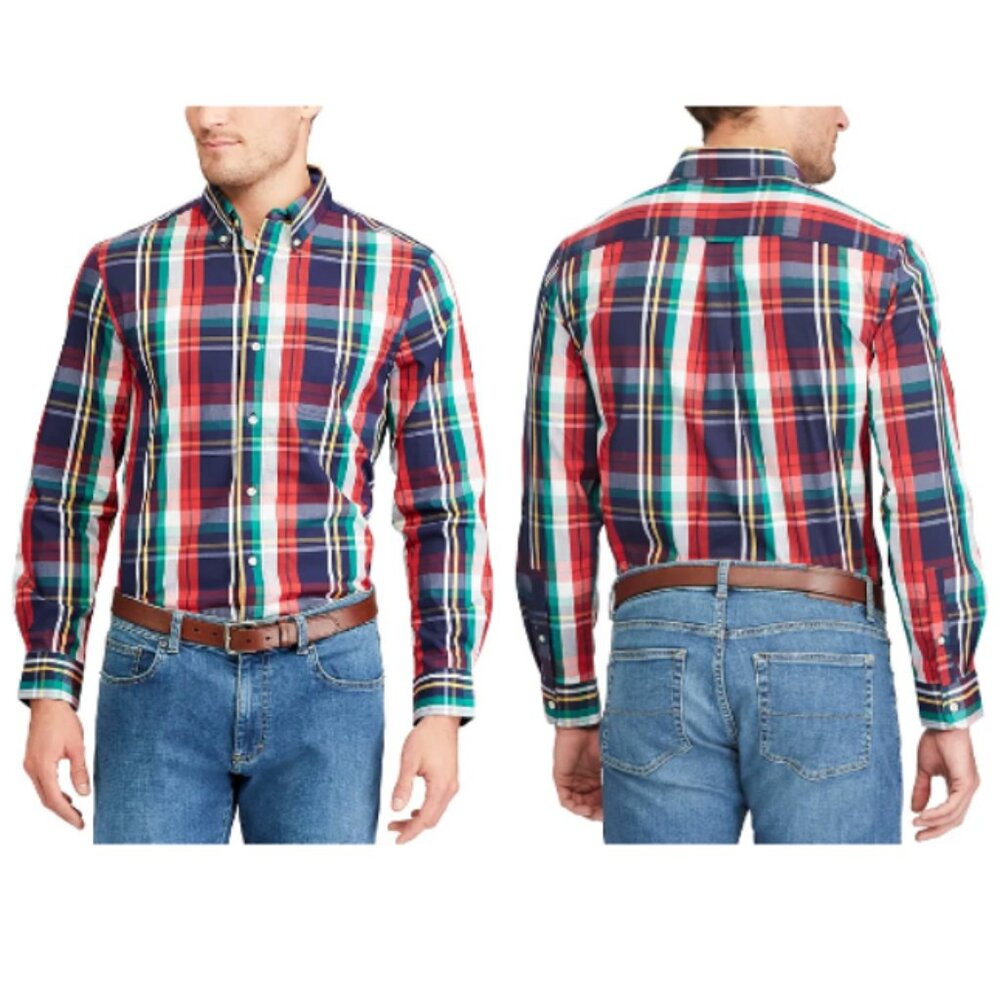 CHAPS Men's Newport Navy Stretch Poplin Plaid Button-Down Long-Sleeve Shirt L/G